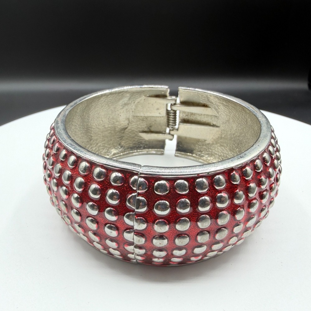 Red Enamel Silver Tone Studded Wide Hinged Bangle Bracelet Chunky Statement